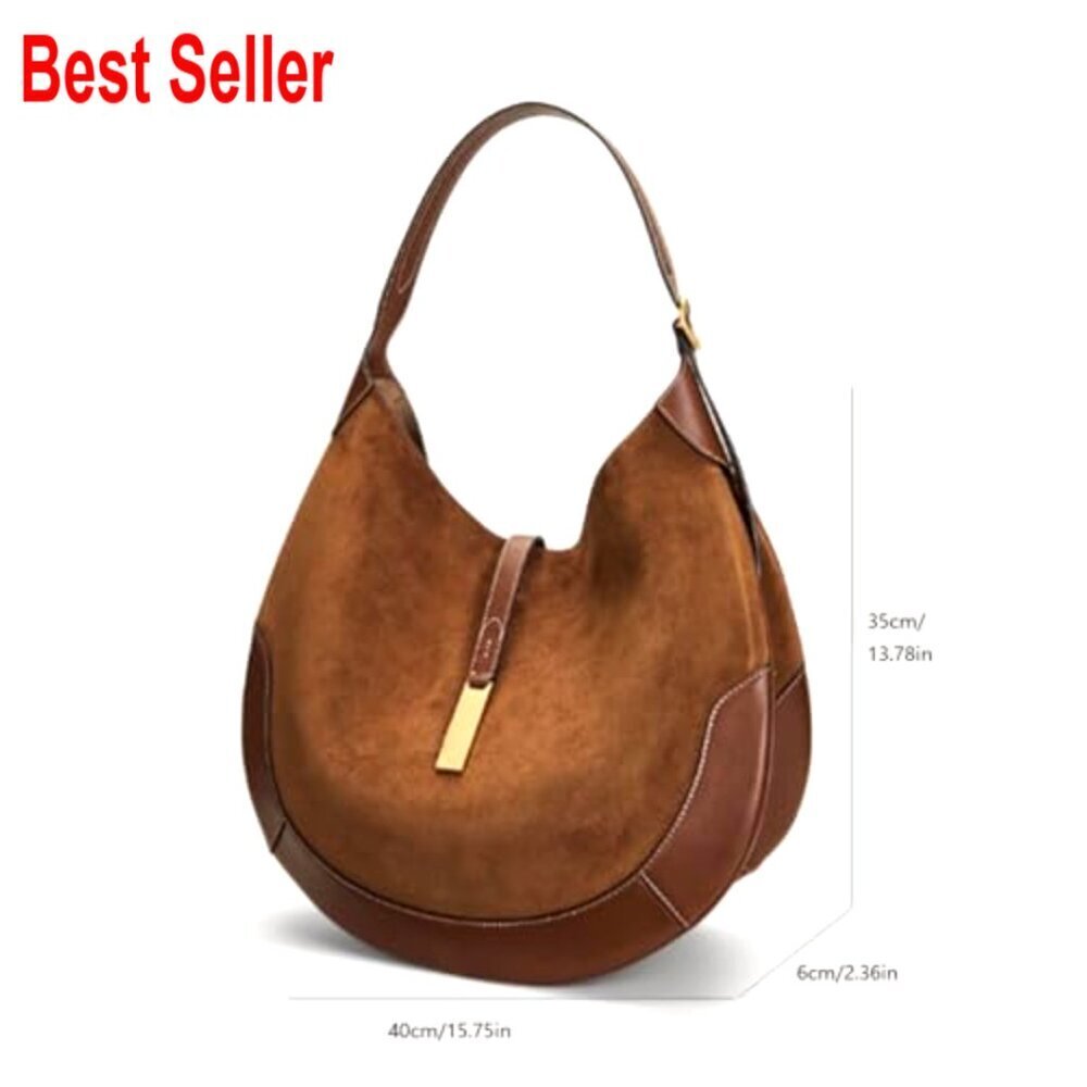 Suede & Split Leather Hobo Shoulder Bag Large Capacity Magnetic Closure - Picture 4 of 7